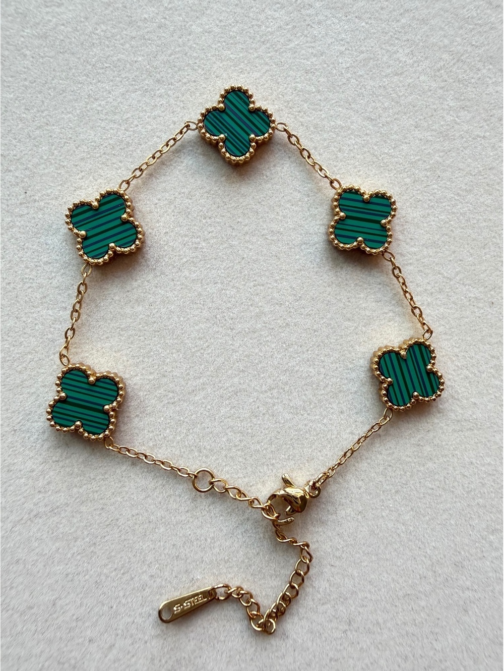 18K Gold Plated Green Striped Clover Charm Bracelet